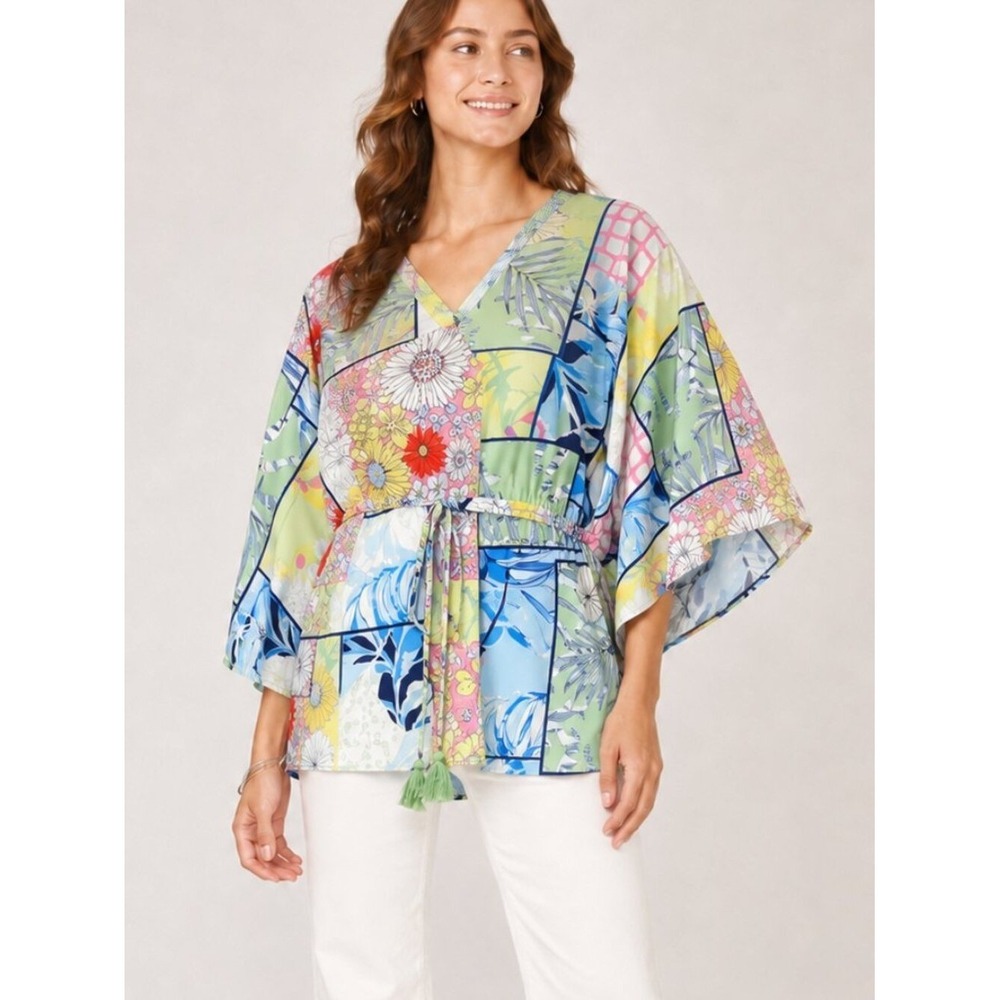 DG2 Diane Gilman NEW Patchwork Floral Kaftan Blouse Top SZ Small Resortwear Chic